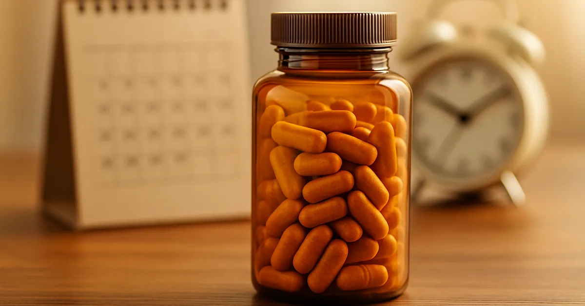 Turmeric supplement bottle with calendar and clock in background