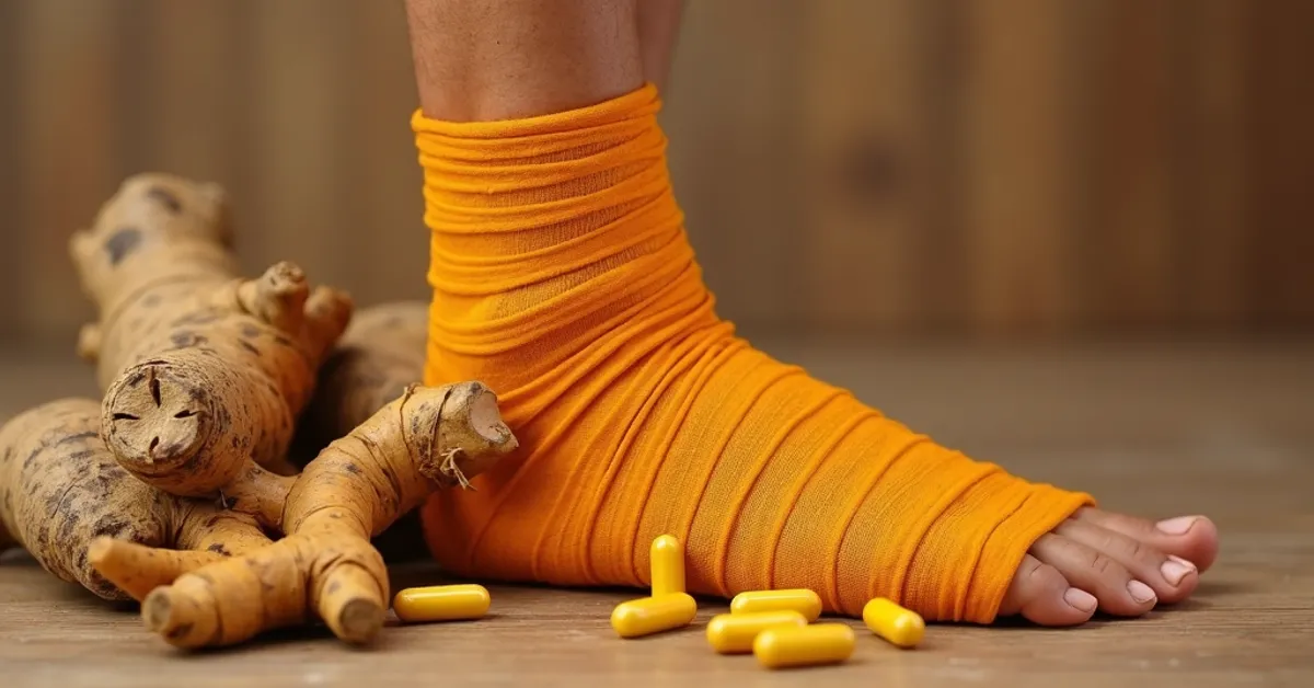 Wrapped ankle with turmeric root and capsules for ankle pain and sprain relief