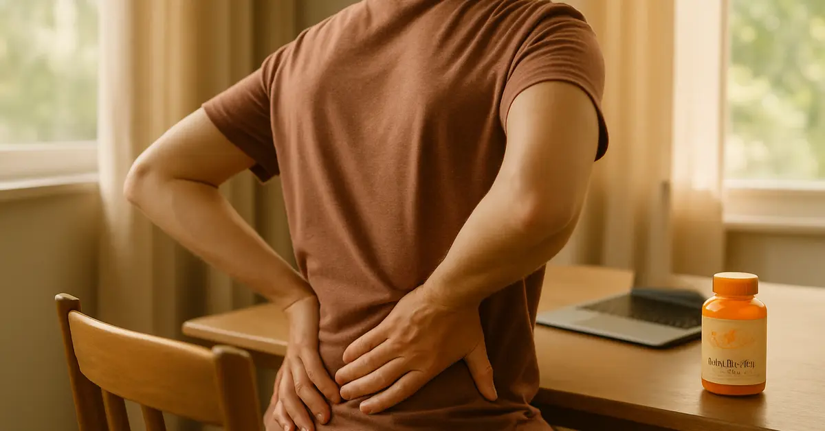 Person pressing lower back pain with turmeric supplement bottle on desk nearby