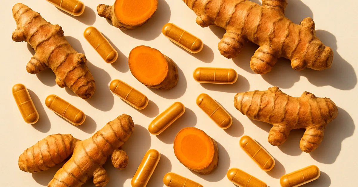 Turmeric root and golden capsules arranged on white surface