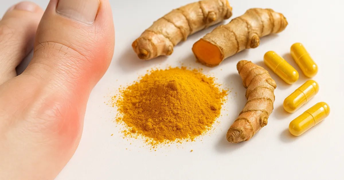 Swollen toe joint representing gout with turmeric powder and yellow curcumin capsules nearby on white surface