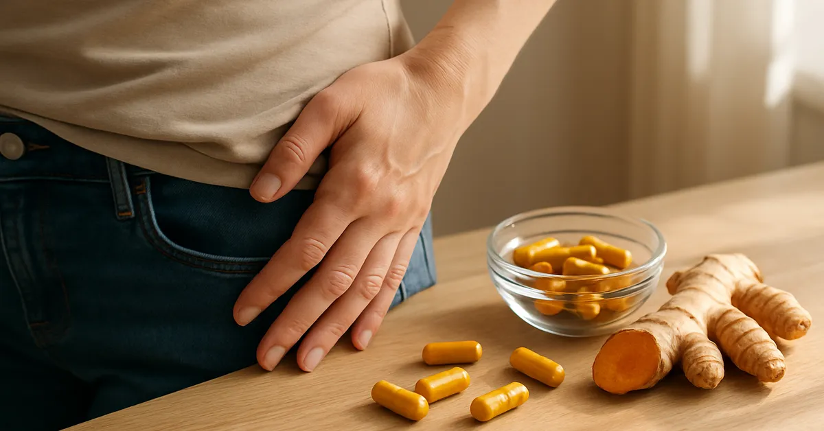 Person holding hip area with turmeric supplements and fresh turmeric root on wooden surface in natural light