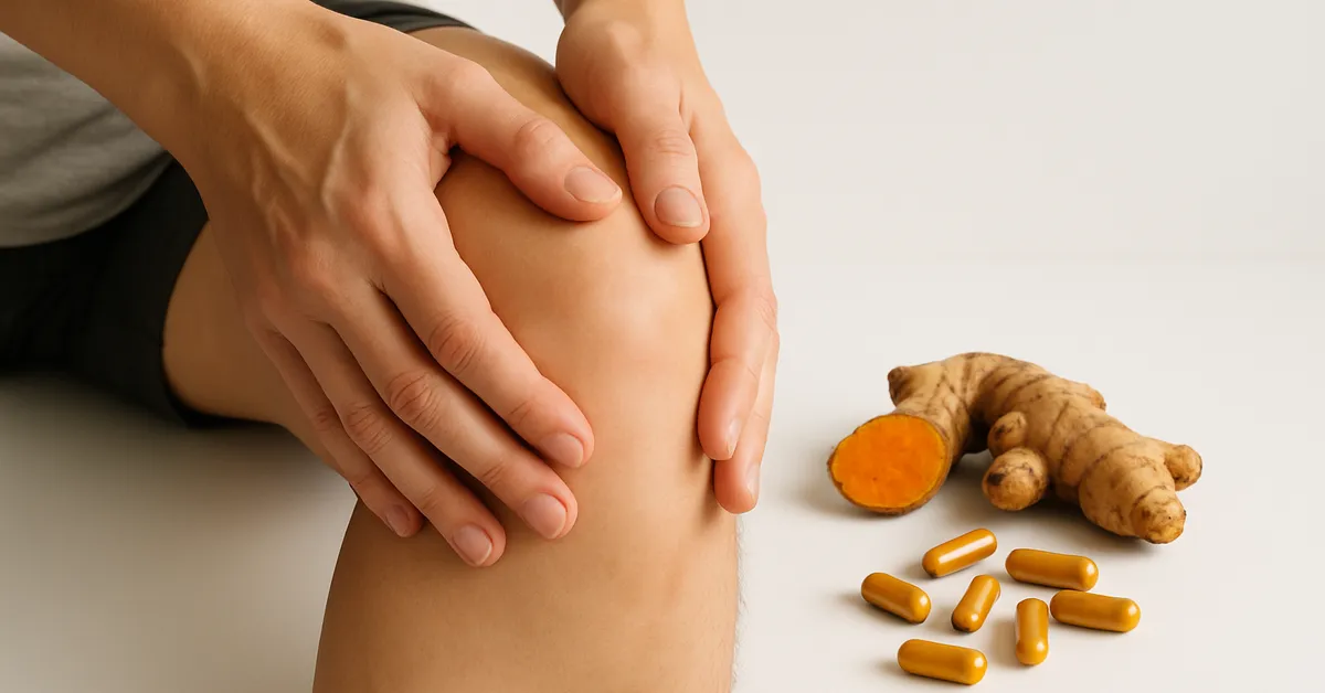 Person holding knee joint with turmeric supplements nearby