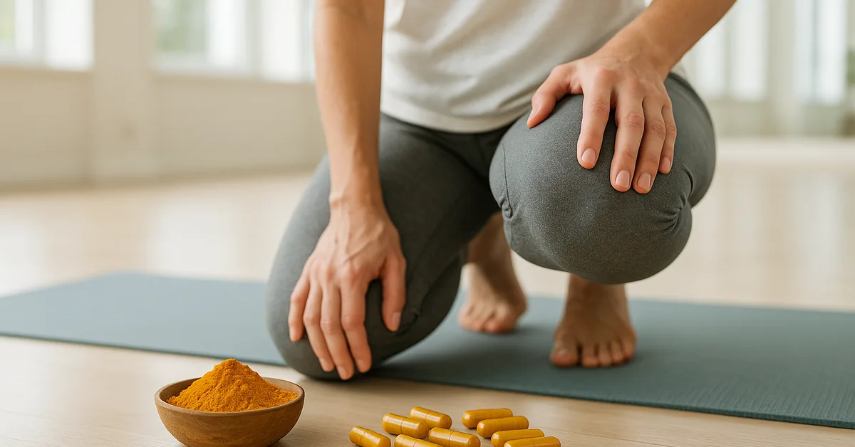 Person kneeling with hand on knee alongside turmeric powder and curcumin capsules for knee pain support