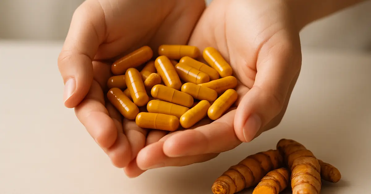Hands holding turmeric capsules with golden turmeric root on clean surface for nerve pain