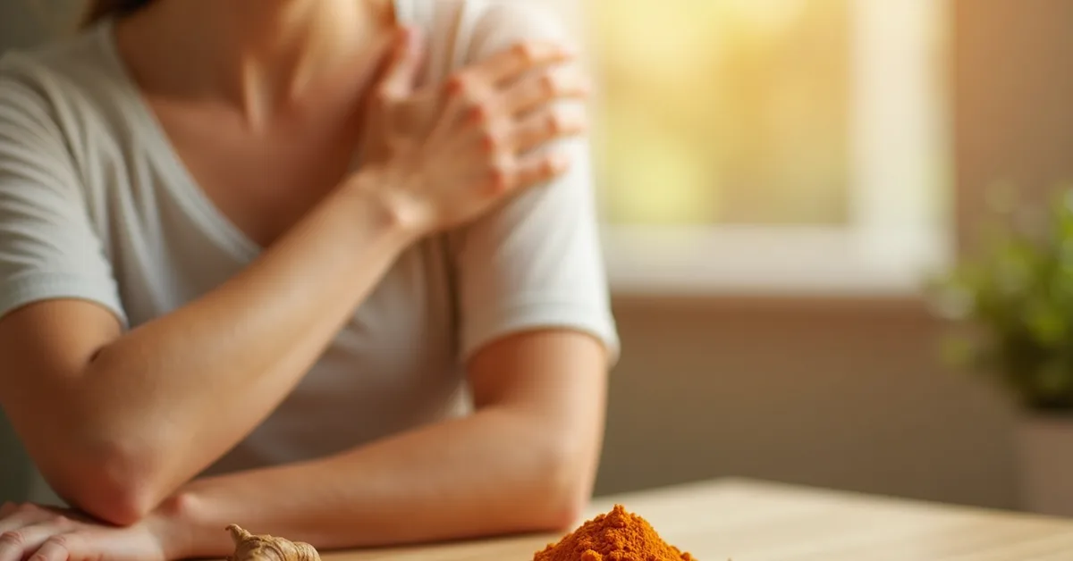 Person massaging shoulder with turmeric root and curcumin capsules on wooden table nearby